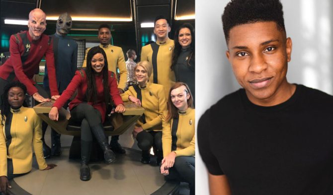 Two-photo collage, featuring Orville Cummings' headshot and an image of him in costume with the cast of Star Trek: Discovery