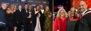 Karen Robinson (second from left) and Andrew Barnsley (second from right) celebrate Schitt’s Creek’s Canadian Screen Award win for Best Comedy Series at Meridian Hall back in 2019 (photo left); Karen and Andrew reunite at the venue for the 2024
TFS Graduation, alongside Yorkville University President & Vice Chancellor Julia Christensen Hughes (photo right). 
